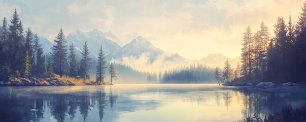 Fototapeta premium Serene mountain lake landscape at dawn.