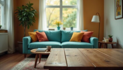Fototapeta premium Soft focus living room, blurred sofa and wooden table, retro home style, house, focus