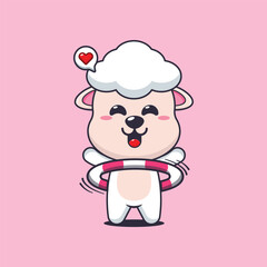 Cute sheep cartoon vector illustration playing hula hoop