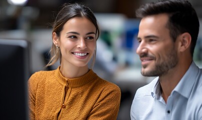 Business colleagues looking at computer screen, modern office setting, professional interaction