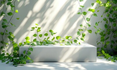 Empty white pedestal surrounded by greenery and sunlight.