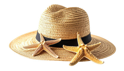 straw hat and starfish isolated on white or transparent 