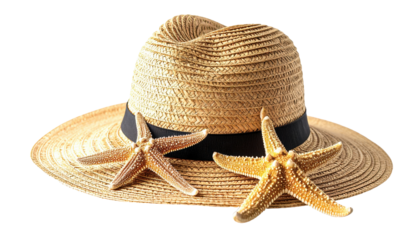 straw hat and starfish isolated on white or transparent 