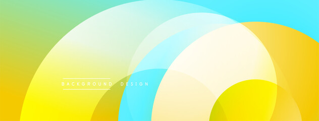 Abstract background features overlapping circles. Colors include yellow, turquoise, light green, white. Modern design element.