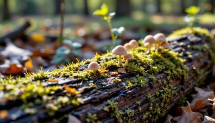 Autumnal Forest Scene Delicate Mushrooms Growing on Mossy Log