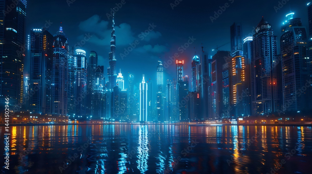 Aufkleber 夜の水辺にそびえ立つ未来的な高層ビルの夜景 輝くライトと青い光が都市を照らす風景