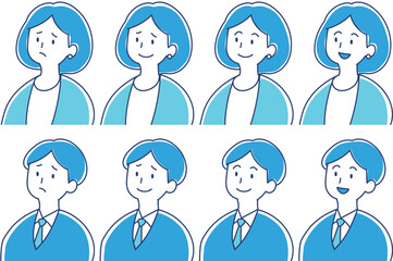 色々な表情のスーツの男性と女性のイラストセット