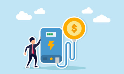 Businessman standing next to a power bank charging dollar coins, illustration of saving or business financial investment for future growth