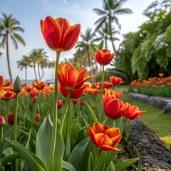 red orange tulips in flowerbed in springtime