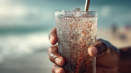 Close-up of hands holding an icy drink with a straw, condensation glistening on glass, beach blur in background