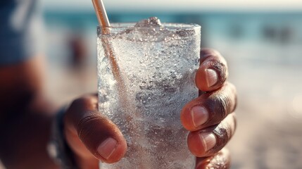Close-up of hands holding an icy drink with a straw, condensation glistening on glass, beach blur in background