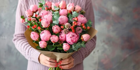 Pink Peonies bouquet with copy space