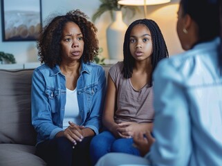 Two females sitting on a couch having a serious conversation with another person in a cozy living room setting with soft lighting and plants in the background