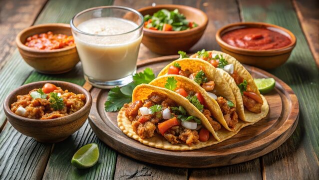 Tacos de tripa tradicionales servidos en una mesa con salsa y agua fresca de jameo , aguas frescas