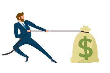 business man pulling a heavy money bag