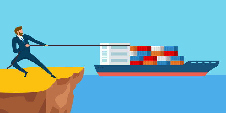 business man pulling a cargo ship full of containers