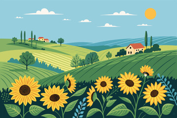 Vibrant summer countryside scene featuring expansive sunflower fields bathed in bright sunlight, under a clear blue sky.  Capture the idyllic rural beauty.