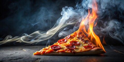 Fiery pizza slice on dark background with flames and smoke, pattern, snack,  pattern, snack, food, fire, culinary, dinner