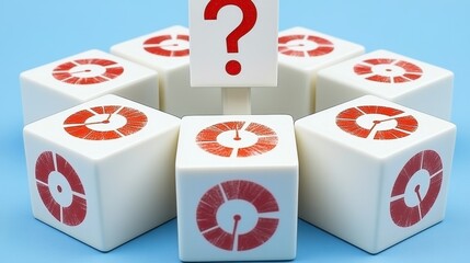A group of white cubes with red indicators, a question mark above.