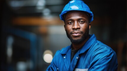 A male warehouse worker in a blue uniform, with a focused expression, captured in an upper body shot against a blurred industrial backdrop. Warehouse, industrial labor, International Labor Day