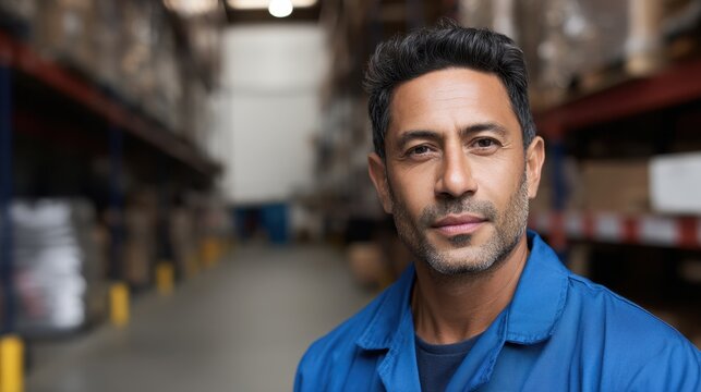 A male warehouse worker in a blue uniform, with a focused expression, captured in an upper body shot against a blurred industrial backdrop. Warehouse, industrial labor, International Labor Day