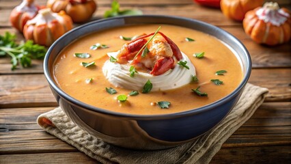 Richly colored creamy lobster bisque soup with visible chunks of succulent lobster meat and a dollop of whipped cream on top , aromatic, seafood