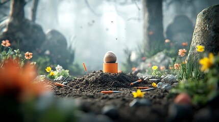 Mysterious forest scene with an object on a mound, gardening tools nearby