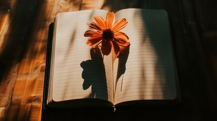 Open diary with orange flower and sunlight shadows.