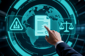 Obraz premium Hand Interacting with Digital Document, Global and Legal Context