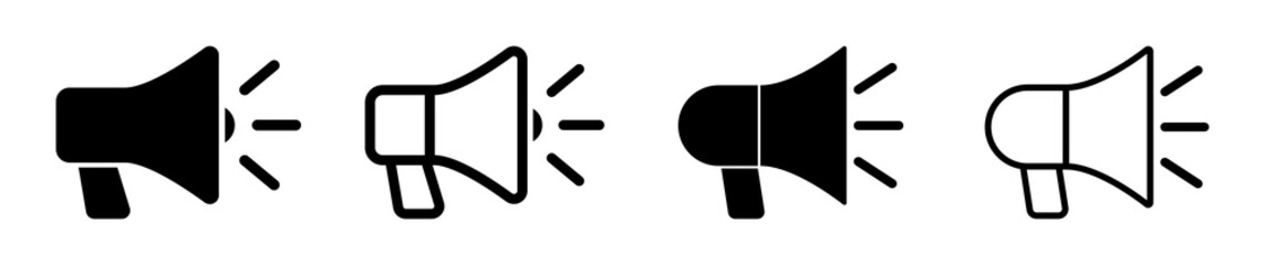 Set of vector megaphone icons in solid and outline styles. Useful for announcements, alerts, marketing, and communication graphics. Editable design for web or print use. icons, megaphone.