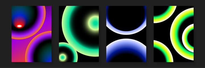 Four abstract designs featuring neon circles. Suitable for backgrounds, social media graphics, and modern branding materials. Energizing and contemporary visuals.