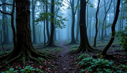 Obraz premium Mysterious Foggy Forest Path A Serene Trail Winding Through Ancient Trees