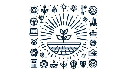 Stylized minimal icon of a sustainable farm, featuring a circular crop field, sun rays, and a sprouting plant, designed with clean lines for agricultural apps or eco branding.