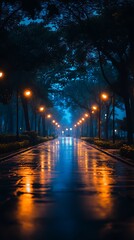 Rainy night, lamplit path
