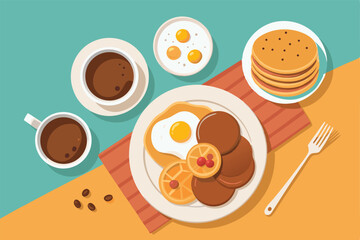 Create a top-down vector illustration of a cozy breakfast scene featuring coffee, toast, and perhaps fruit, emphasizing warmth and comfort.  Include realistic textures.