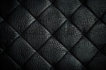 Fototapeta premium Close-up of black textured quilted leather surface with a grid pattern and natural creases