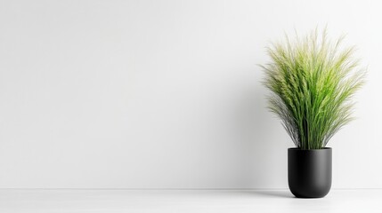 A potted green plant in a sleek black pot standing on a white surface against a minimalist white background, and modern interior decor concept.