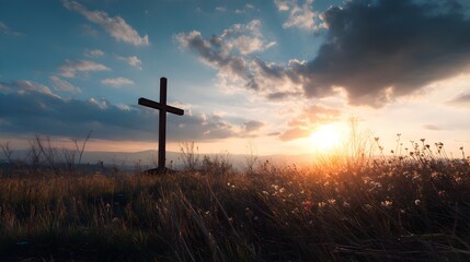 Cross at sunset in a field. Ascension day concept. Christian Easter. Faith in Jesus Christ. Christianity. Church worship, salvation concept
