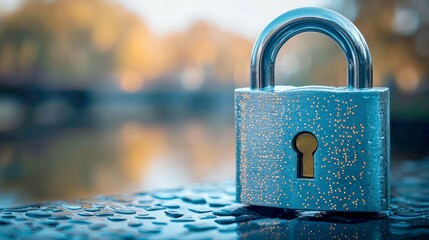 Blue Padlock on Wet Surface: Security and Privacy Concept