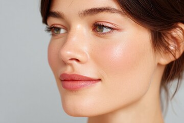 close-up of elegant everyday makeup with neutral tones on serene model face