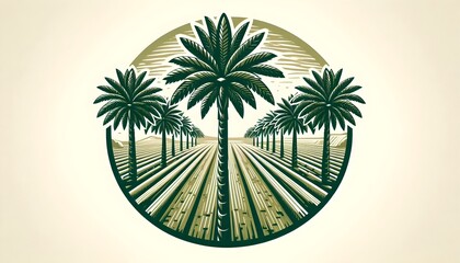 Minimalist vector design of a date palm grove with cultivated land, using clean lines and green hues, ideal for agricultural apps and sustainable farming branding.