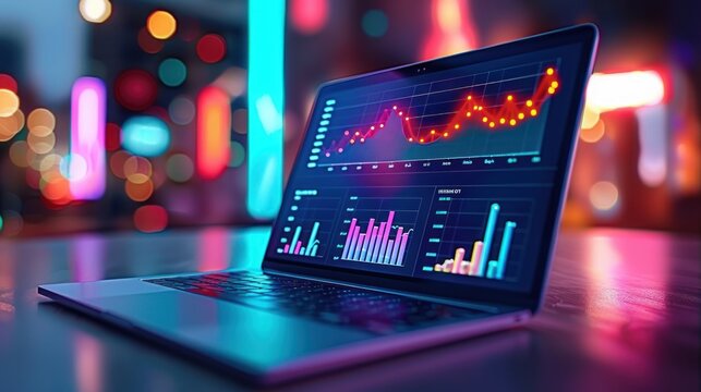 laptop displaying colorful digital graphs and charts with blurred vibrant city lights in the background, creating a futuristic and dynamic atmosphere