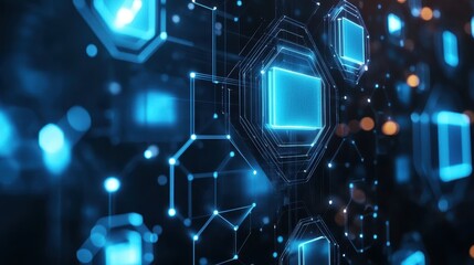 Abstract digital network graphic design with glowing shapes.