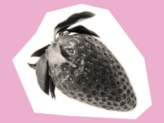 Strawberry in halftone style. Sweet summer berry for contemporary collage art design, cut out from paper, magazine, newspaper. Abstract pieces with strawberries for composition. Vector.