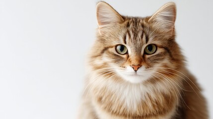 fluffy tabby cat sitting calmly against pristine white backdrop eyes wide open creating peaceful and serene scene