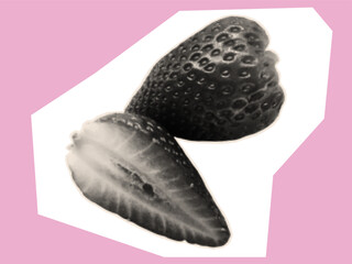 Strawberry in halftone style. Sweet summer berry for contemporary collage art design, cut out from paper, magazine, newspaper. Abstract pieces with strawberries for composition. Vector.