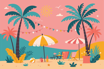 Vibrant solid pink illustration of a tropical summer beach party scene;  featuring cocktails, beach umbrellas, and happy people.
