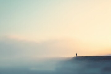 Obraz premium lone figure gazes out thoughtfully words unspoken in serene stillness of soft-focus background