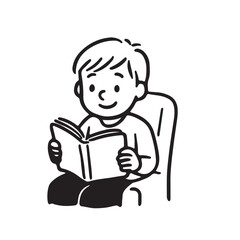 Hand Drawn Black and White Icon of Kids Reading Books