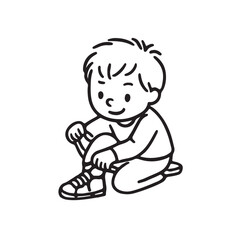 Hand Drawn Black and White Icons of Kids Dressing Themselves